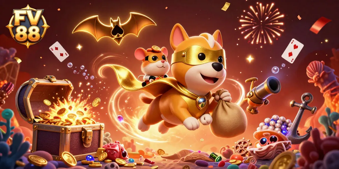 Engage in joyful casino adventures with FV 88, featuring a superhero dog and hamster amidst treasures and games