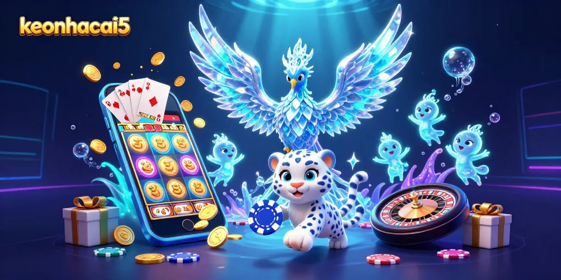 Bet on keonhacai5 with a vibrant scene featuring a phoenix, poker chip, and glowing sprites