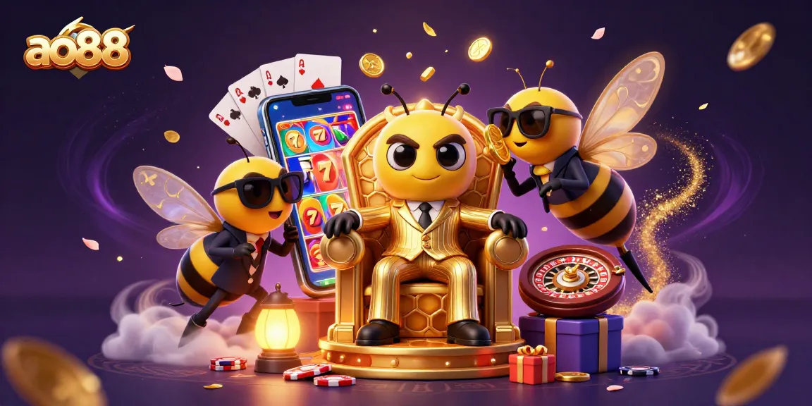 Spin colorful slot games with ao88's bumblebee mob boss in a buzzing casino scene
