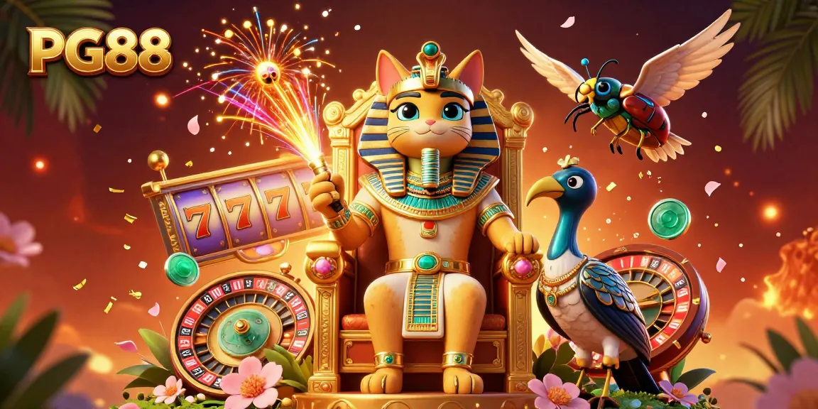 Experience thrilling gaming with PG88 in a vibrant casino scene featuring a majestic pharaoh cat.
