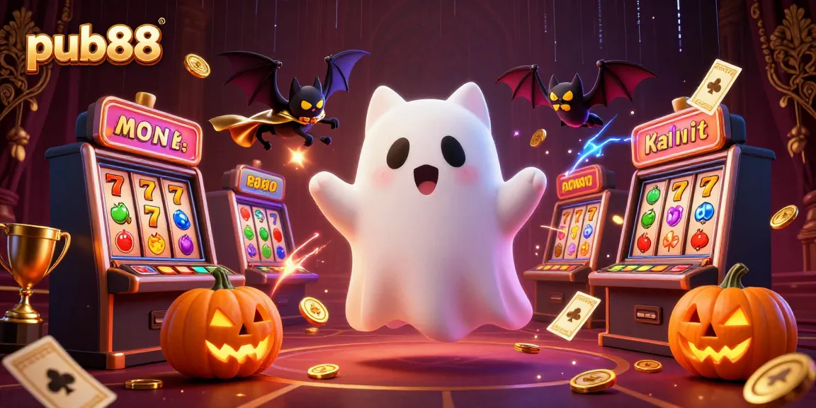 Engage in thrilling gaming with pub88 featuring a friendly ghost cat and vampire bat in a vibrant casino.
