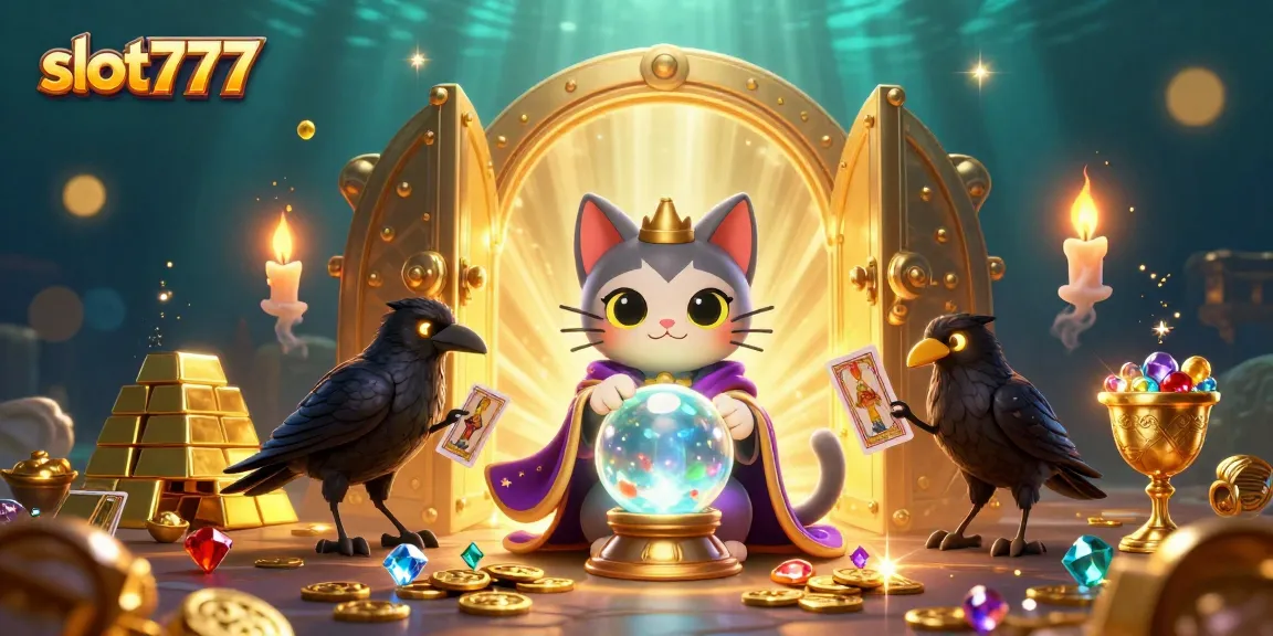 Engage with slot777 as the cartoon mystic cat and raven reveal hidden treasures in this vibrant casino illustration.
