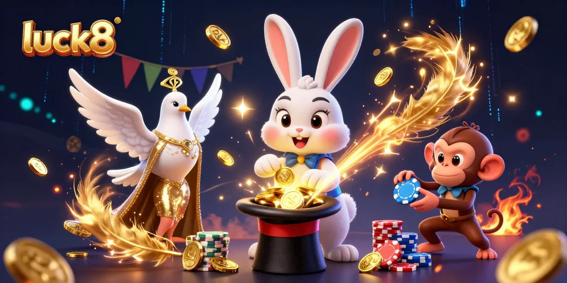 Experience luck8 with a whimsical rabbit conjuring golden coins amidst a vibrant casino scene.