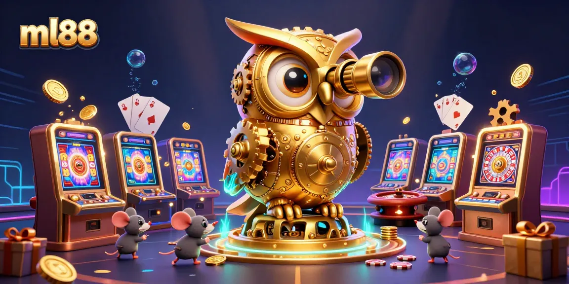 Experience the excitement of ml88 with a vibrant casino scene featuring a clockwork owl and dynamic game elements.