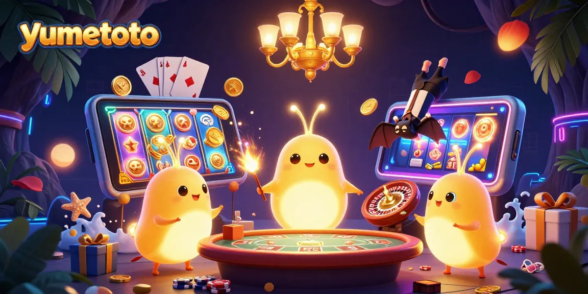 Experience vibrant fun at yumetoto with a dynamic illustration showcasing an exciting casino atmosphere.