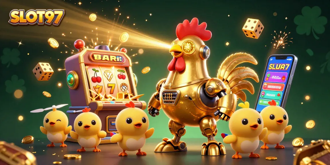 SLOT97 offers thrilling casino action with a golden rooster robot and dazzling slot machine.