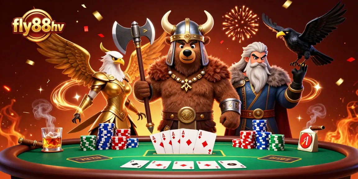 Engage in thrilling card action at fly88hv with vibrant poker characters and dazzling casino elements.