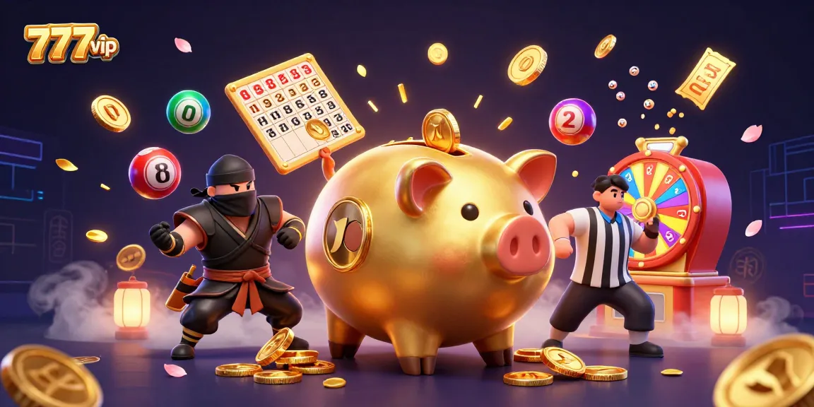 777vip captures excitement with a lively 3D illustration of a golden piggy bank sumo wrestler and dynamic gaming elements.