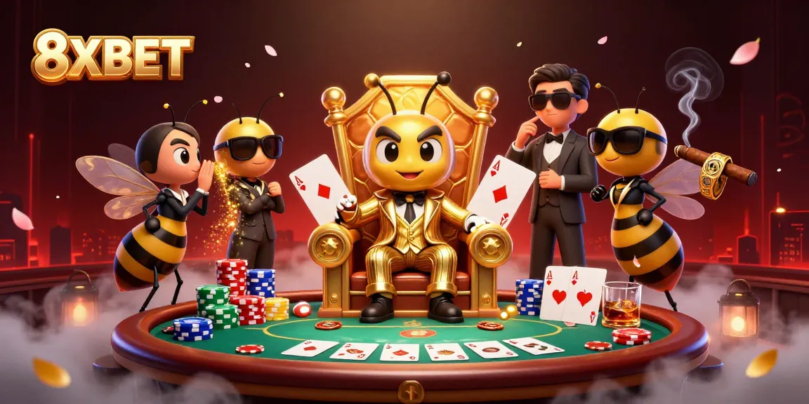 Engage with 8XBET as the bumblebee mob boss presides over a thrilling poker scene.