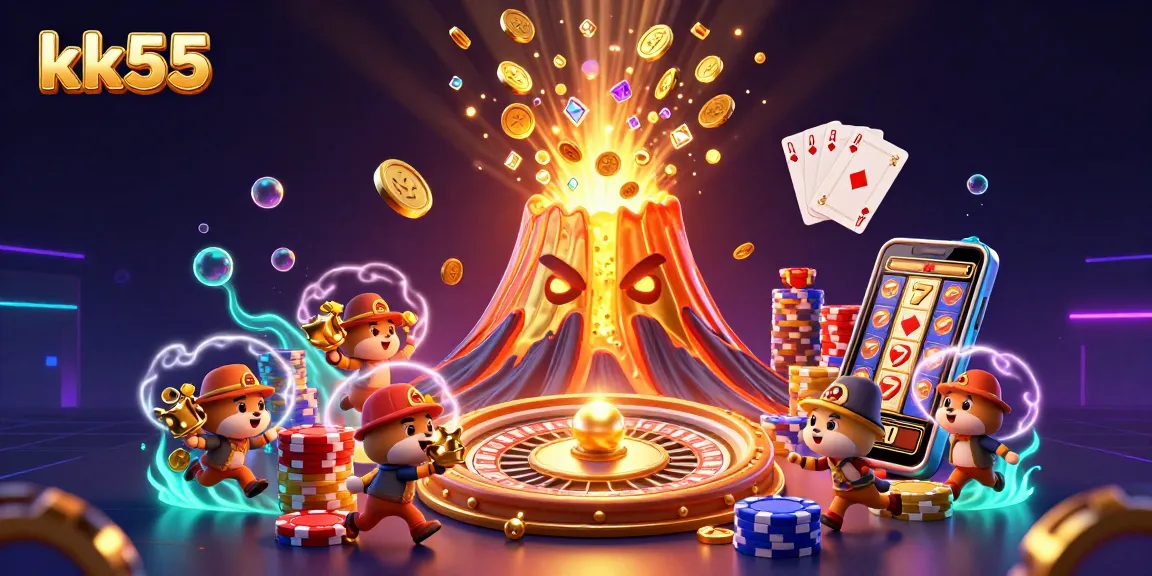 Experience thrilling jackpots with kk55's vibrant casino illustration, featuring a golden volcano and treasure-filled adventure.