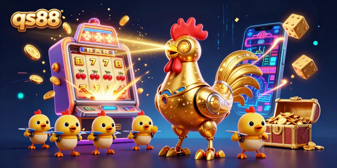 Experience the excitement of qs88's vibrant casino world with golden rooster robots and slot machine jackpots.