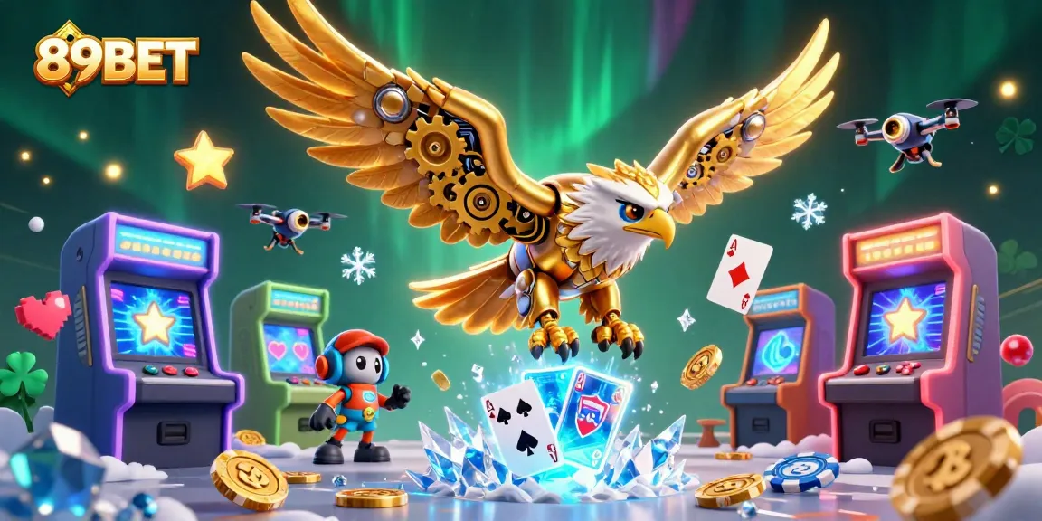 Experience the excitement of 89BET with a cybernetic eagle soaring through cards and casino elements.