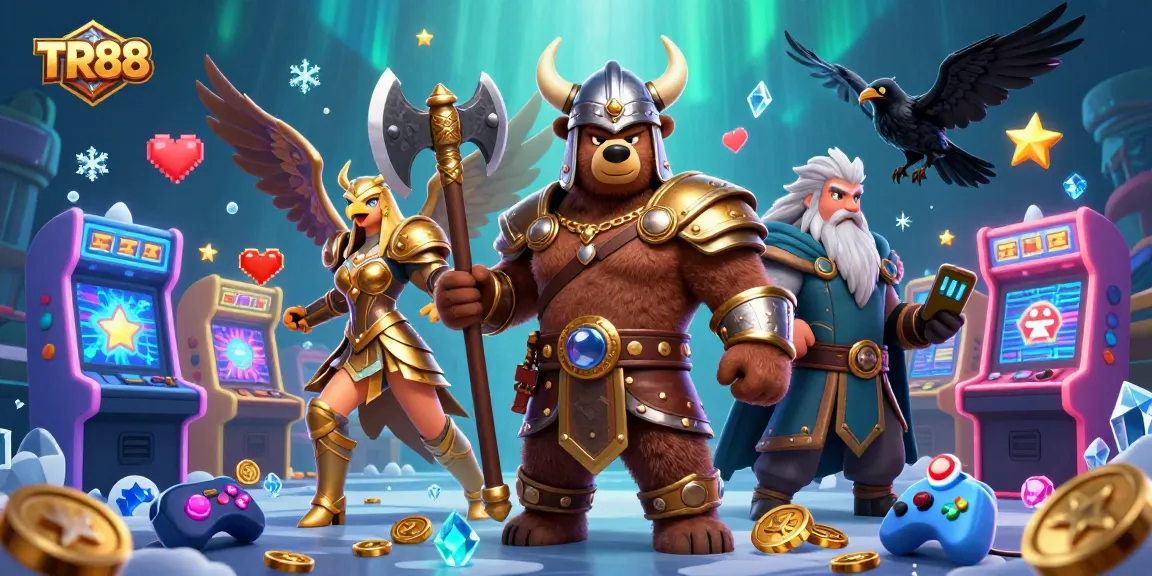 Engage TR88 players with a vibrant casino scene featuring Viking characters and arcade elements.