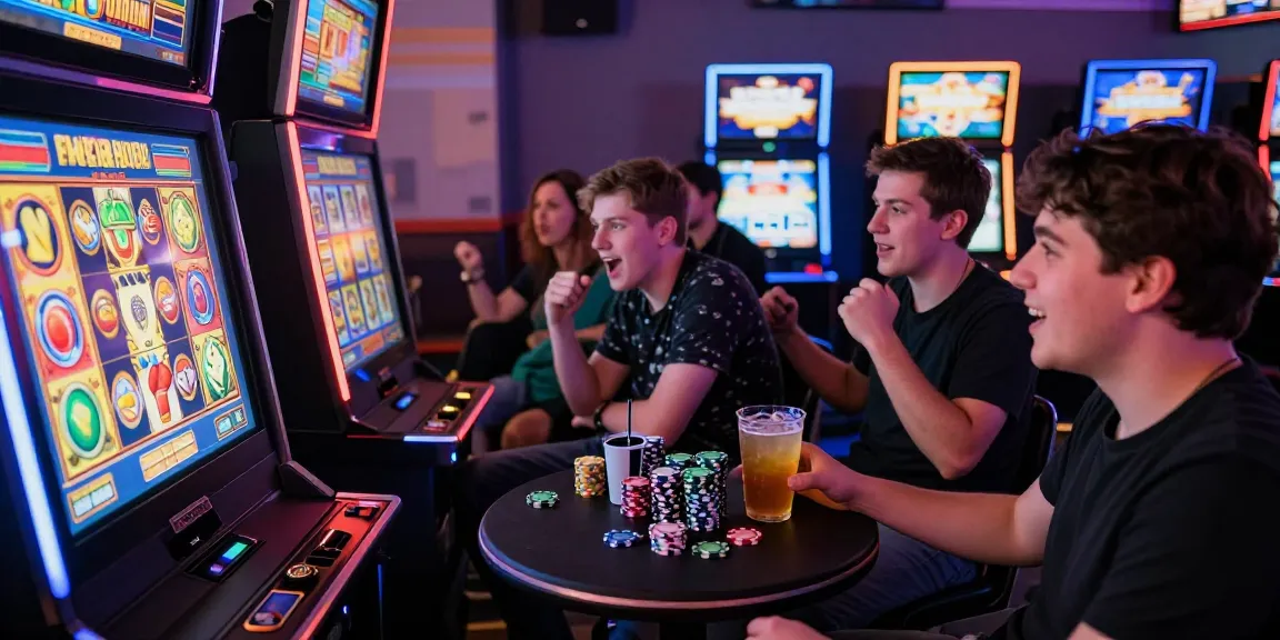 Atmosfer permainan slot deposit 2000 yang seru dengan pemain bersosialisasi dan mesin digital menyala.