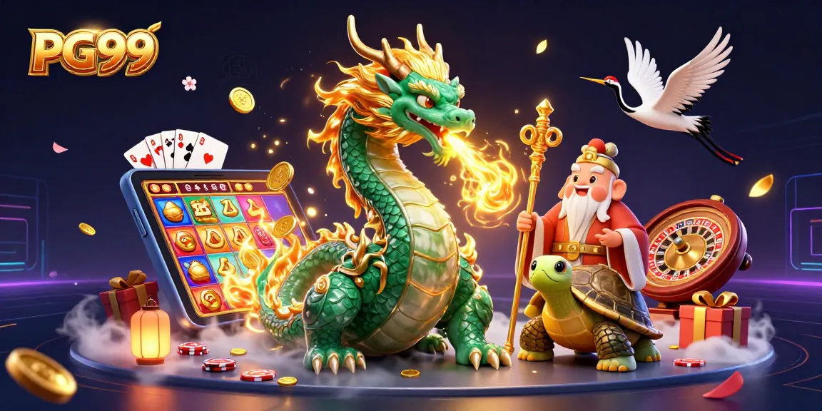 Players spin reels in PG99's vibrant fantasy casino, surrounded by golden dragons and lucky symbols.