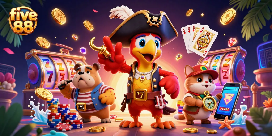 Experience the excitement of five 88 as golden coins cascade and slot reels spin in this vibrant casino scene.