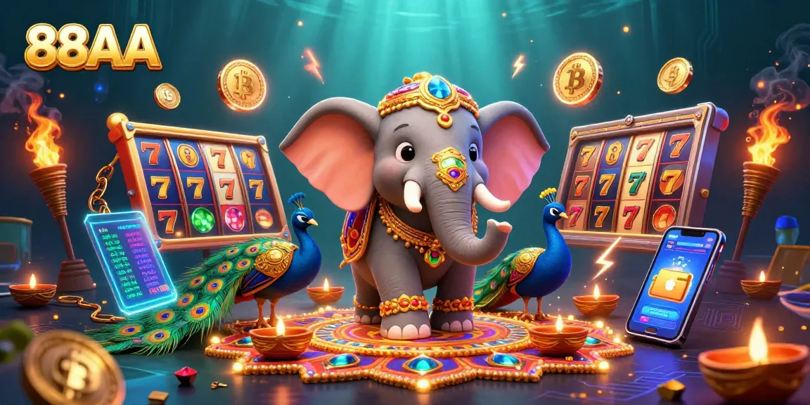 Engage with 88AA's vibrant 3D illustration featuring a Diwali-themed elephant dynamically playing slot games.