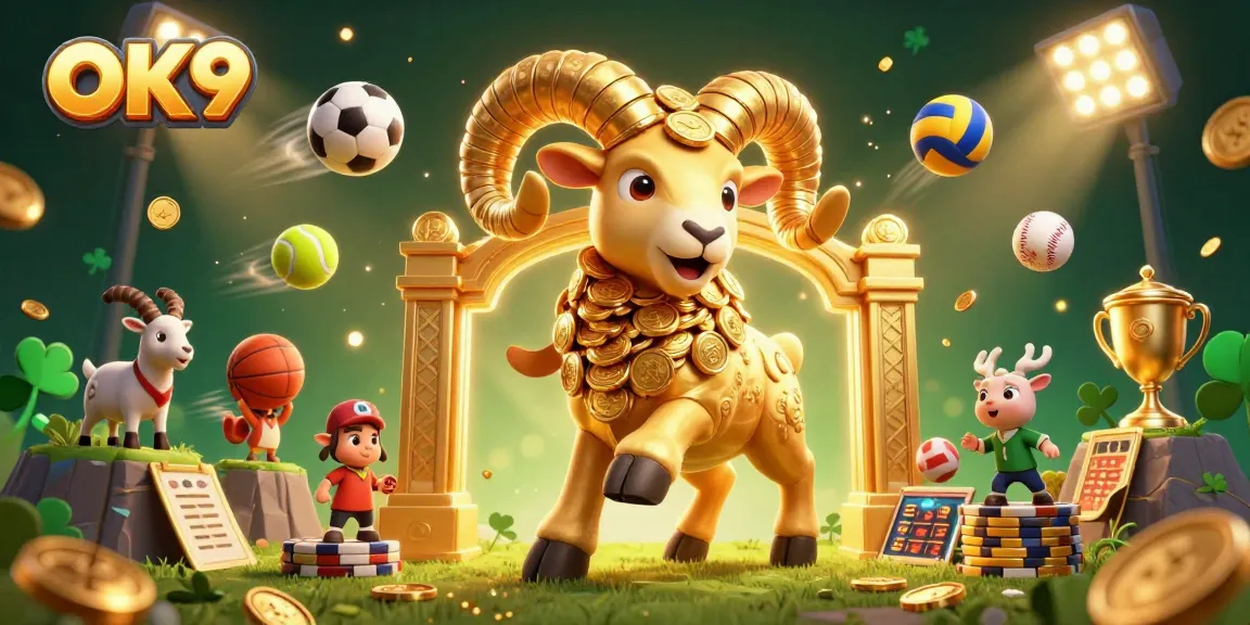 OK9 showcases a vibrant 3D illustration of a golden ram charging through a gaming scene filled with dynamic sports elements.
