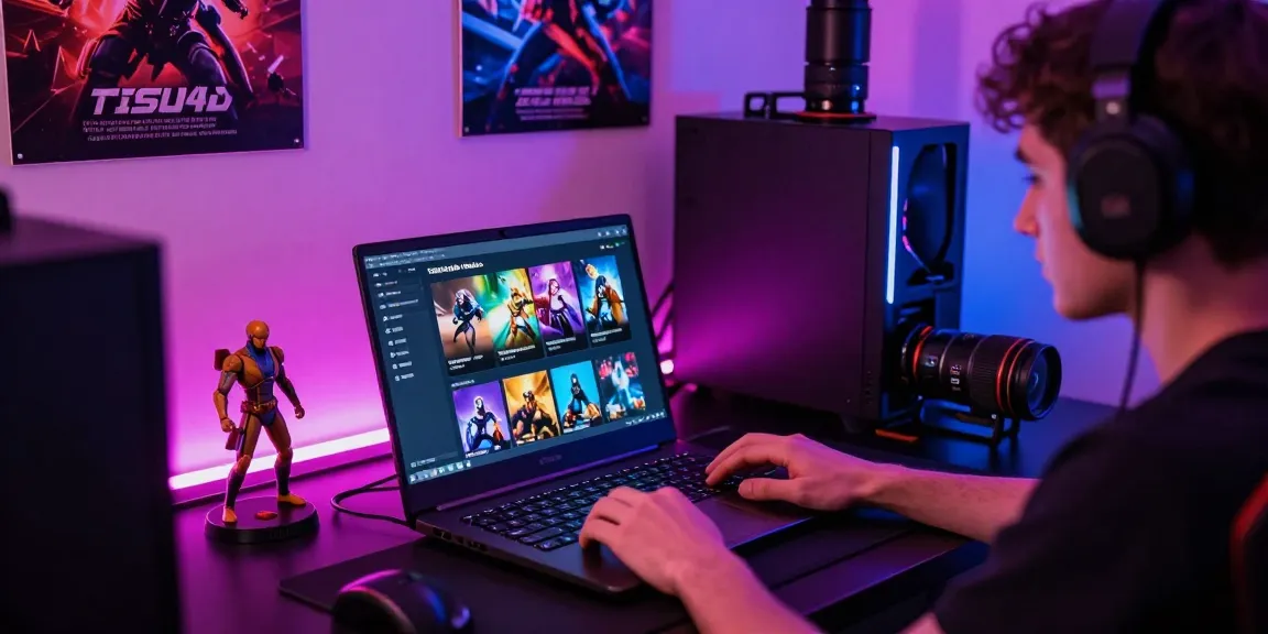 Pengalaman bermain TISU4D dengan gamer fokus di laptop dikelilingi lampu LED berwarna cerah.