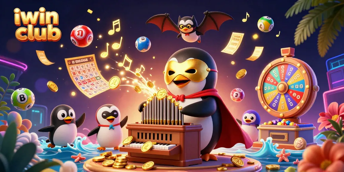 Experience the thrilling iwin club as a penguin plays for golden coins amidst vibrant casino elements.