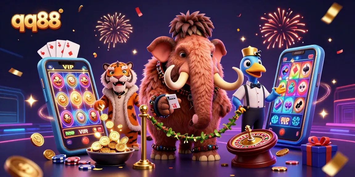Experience thrilling gaming at qq88 with a vibrant scene featuring dynamic casino characters and slot games.