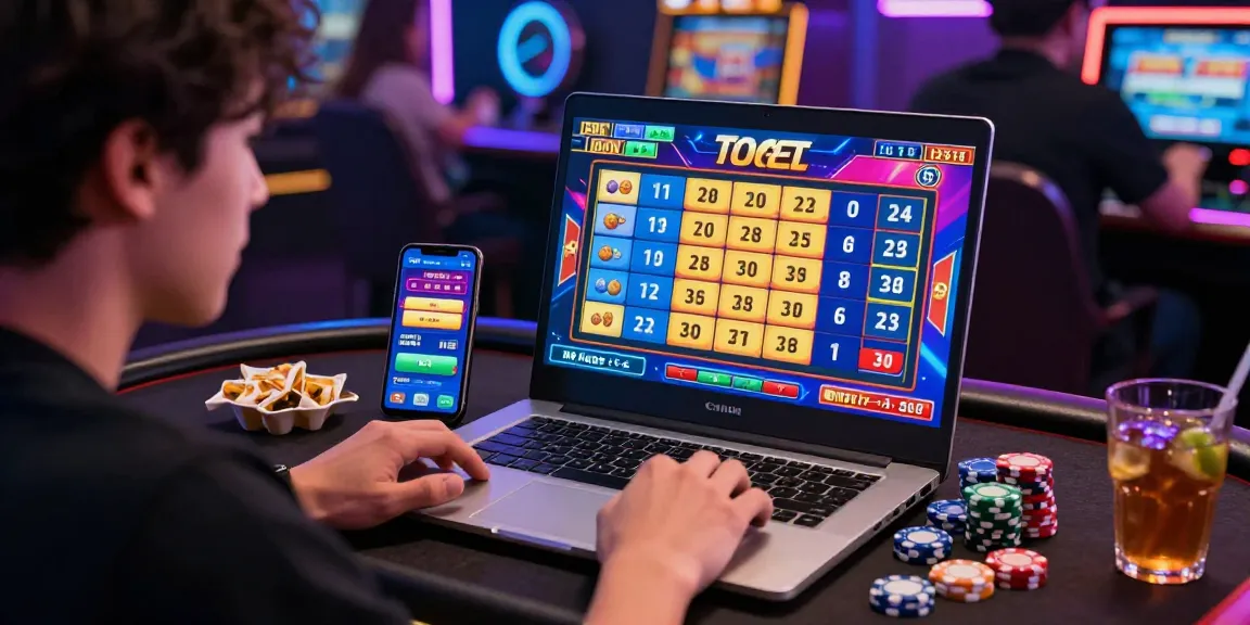 Pengguna Rajatogel bermain togel online di laptop dengan grafis warna-warni