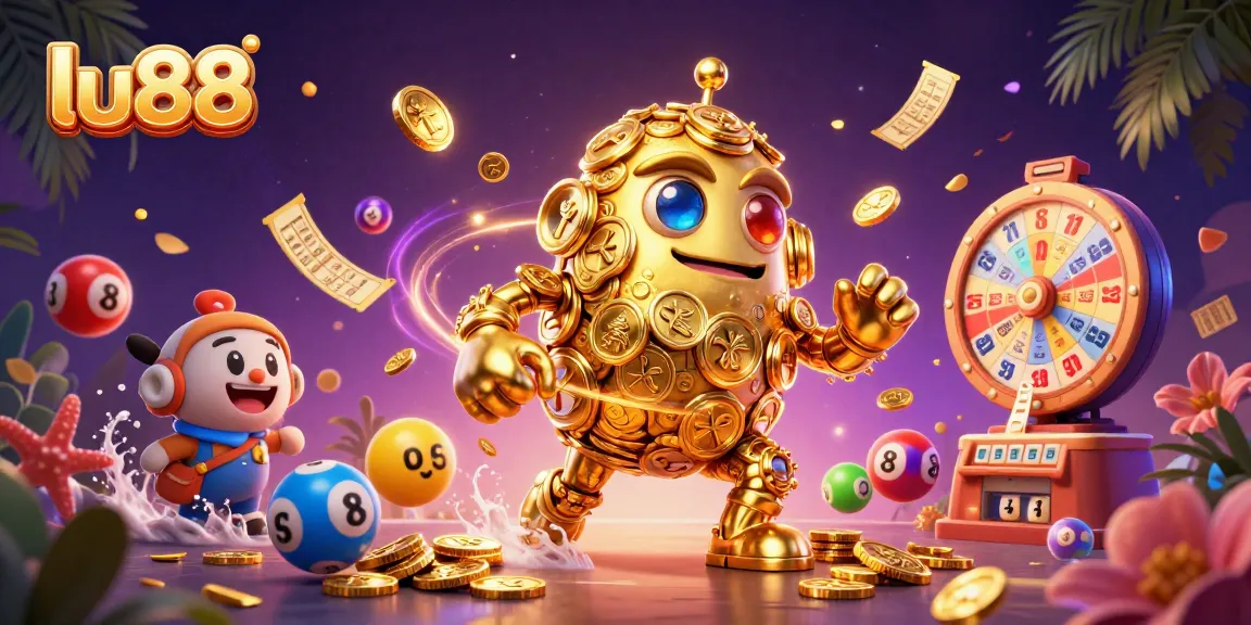 Play exciting games at lu88 with a vibrant, colorful lottery scene featuring stunning prizes and immersive elements.