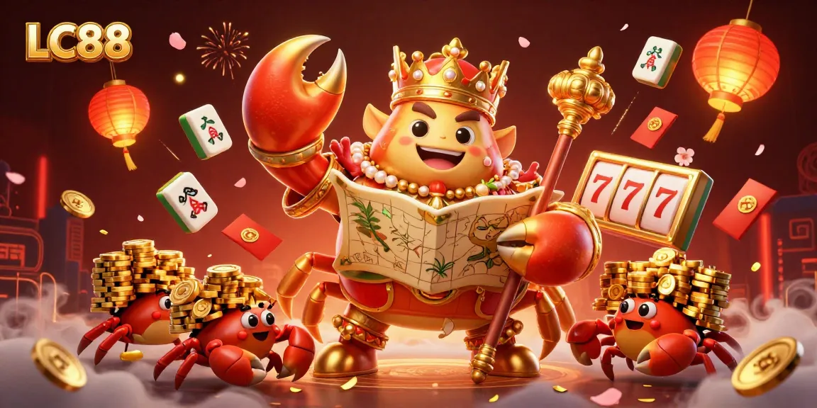 Engage with slots action at LC88, featuring a golden crab emperor amidst vibrant gaming elements.