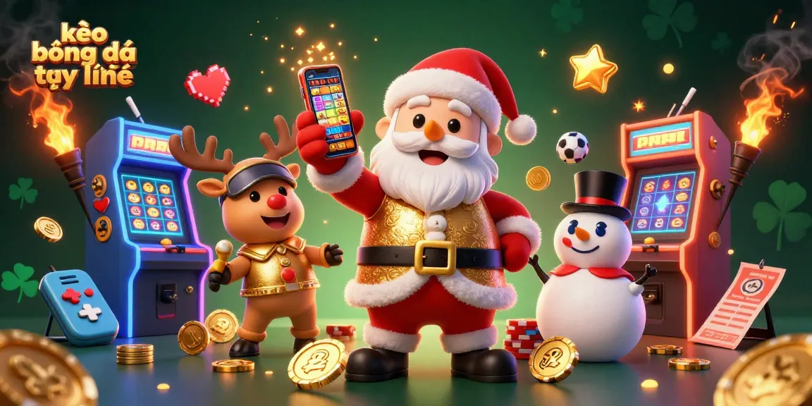 Engage with kèo bóng đá trực tuyến through a vibrant scene featuring Santa, a reindeer dealer, and a poker chip snowman.