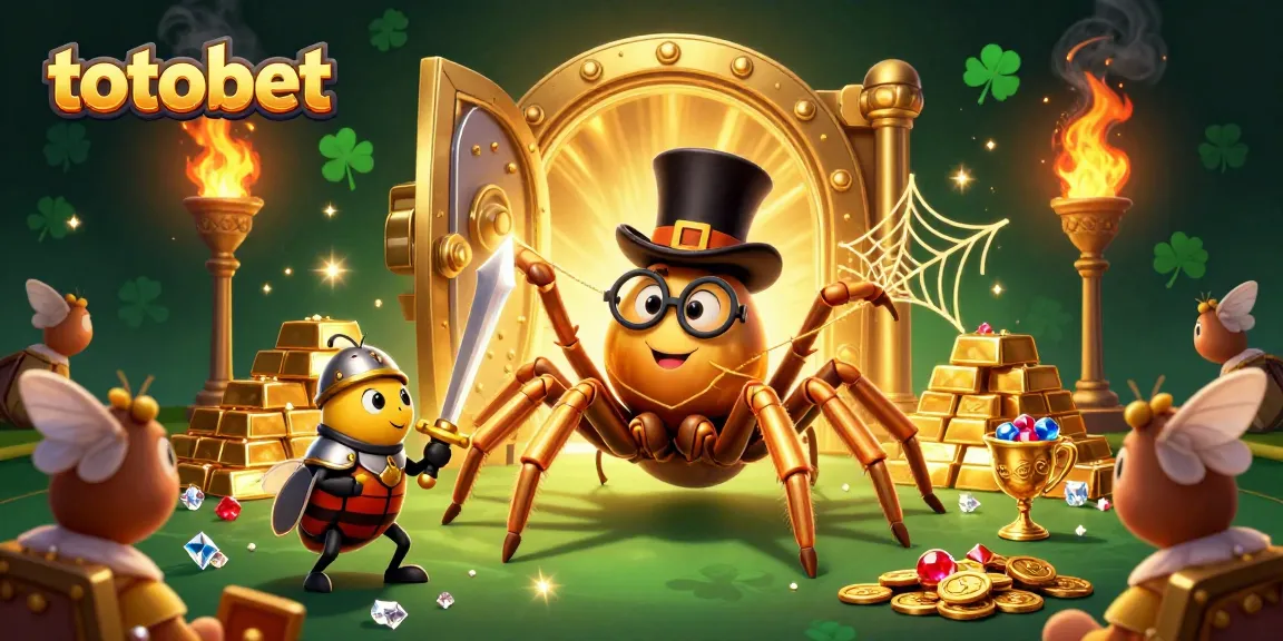 Experience the excitement of totobet with a vibrant 3D casino illustration featuring a golden tarantula, knight, and jewels.