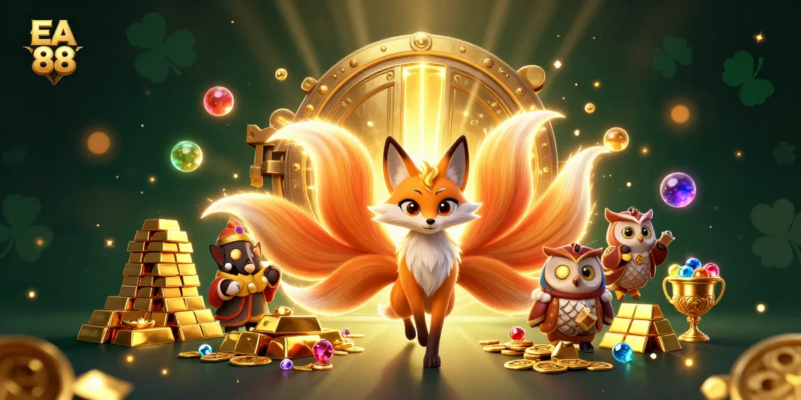 Engage in EA 88 gaming adventures, with vibrant illustrated characters around treasures and casino elements.