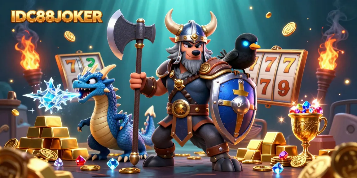 Experience thrilling slots action in IDC88JOKER's captivating casino art featuring cartoon warriors and treasures.