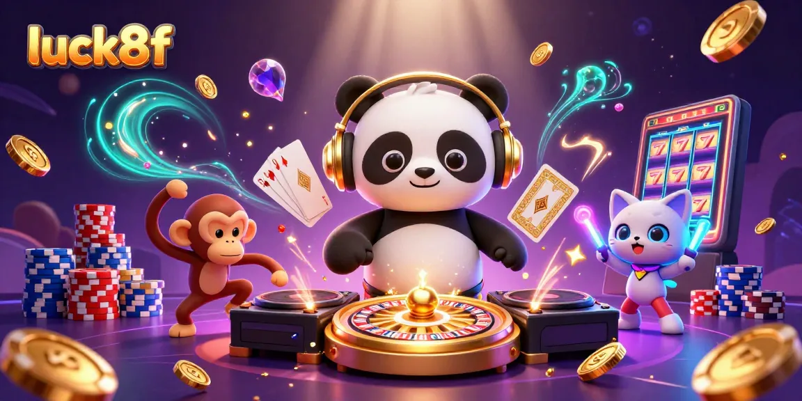 Spin to win with luck8f featuring a DJ panda and lively characters in a vibrant casino scene.