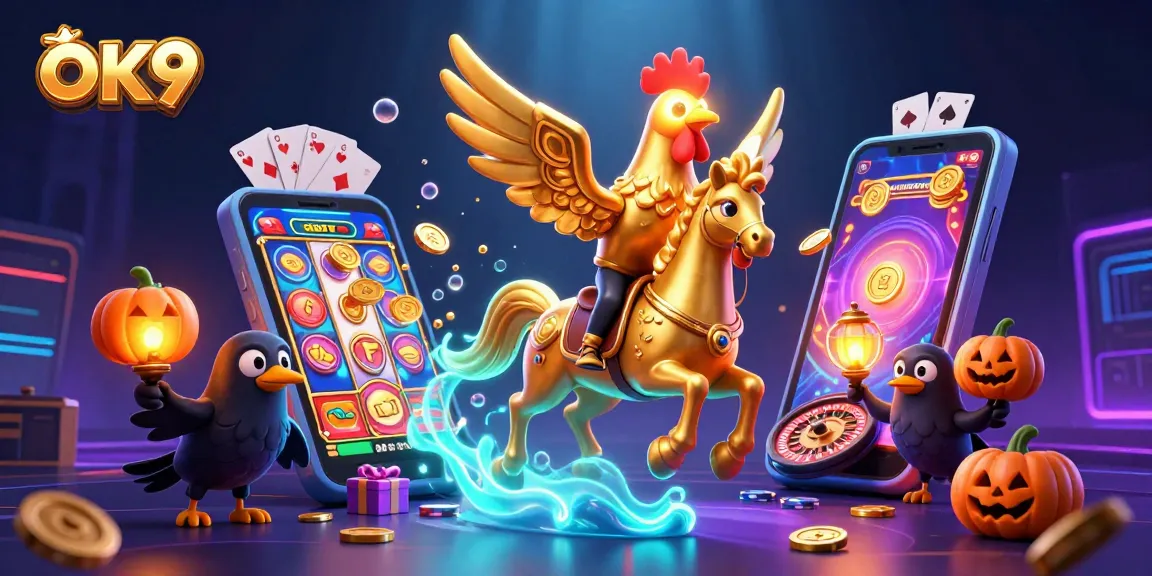 Engage with OK9's thrilling gaming atmosphere featuring a golden rooster and mystical elements in a vibrant casino scene.