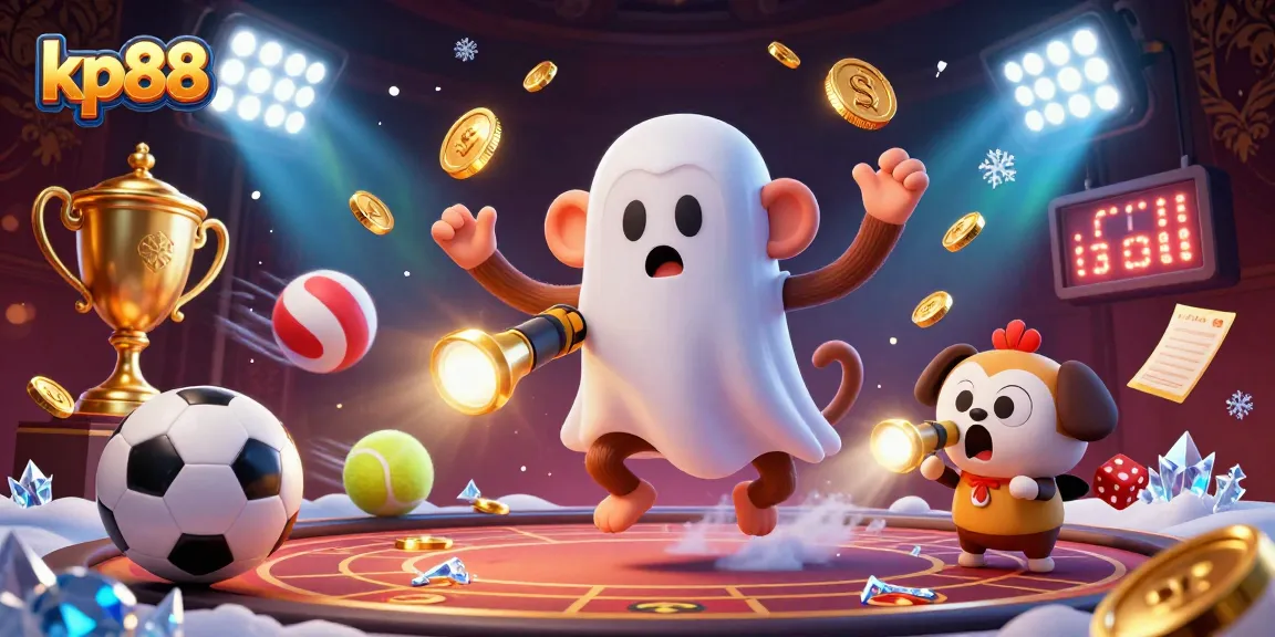 Win big with kp88 as a mischievous poltergeist monkey and a curious puppy uncover gaming treasures in an exciting casino environment.