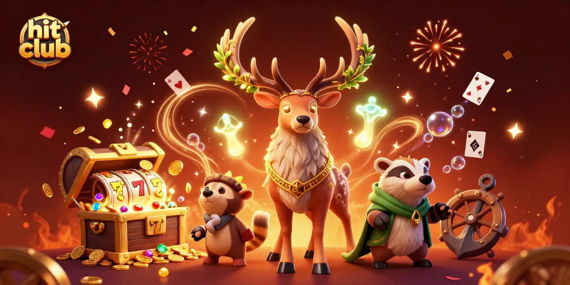 Engage with the dynamic hit club scene featuring 3D Celtic druid stag, gold coins, and vibrant slot symbols.