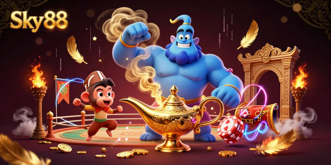 Engage with Sky 88 in this vibrant casino scene, featuring a genie and magic elements.