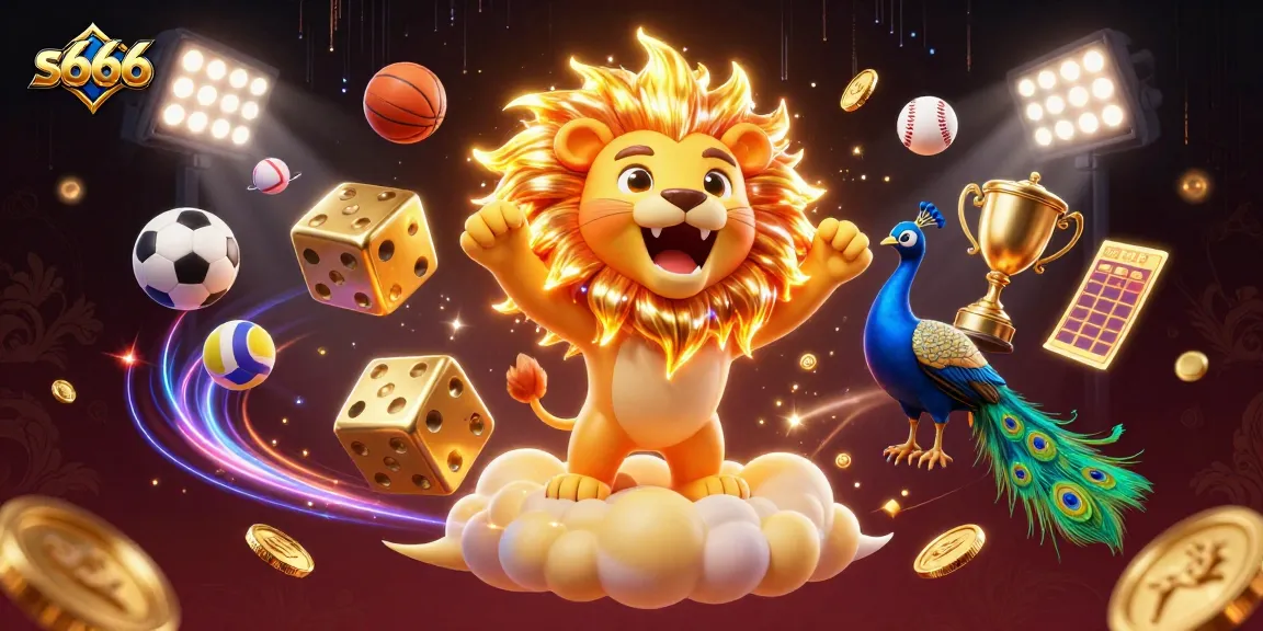 s666 showcases an energetic scene with a roaring sun lion and vibrant game elements in an exhilarating casino atmosphere.