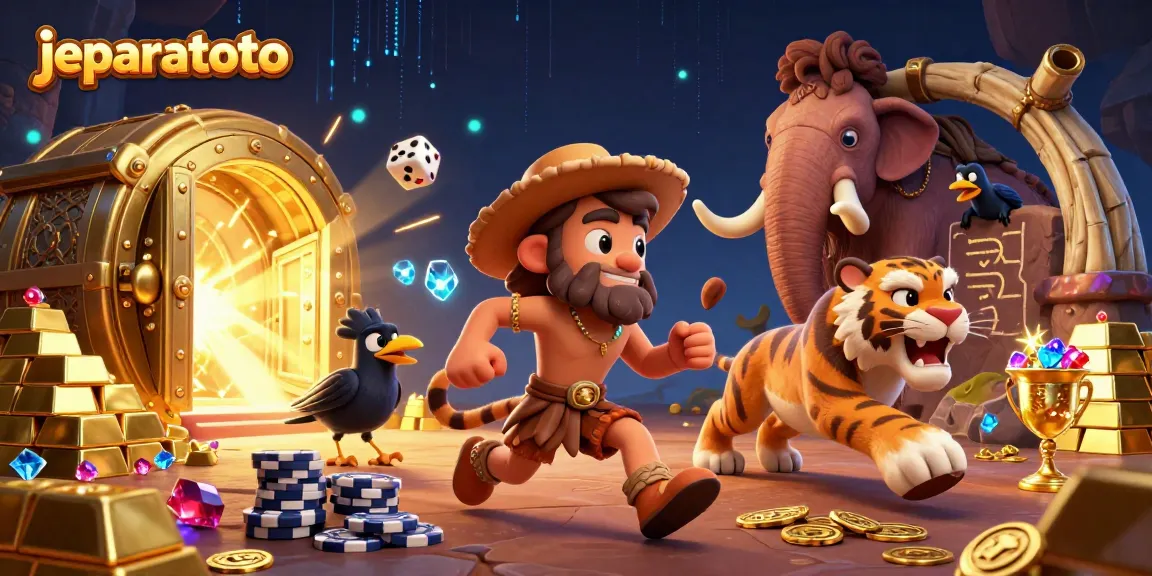 Experience winning at jeparatoto with a cartoon caveman and sabertooth duo in a prehistoric casino scene.
