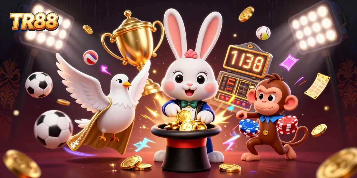 Experience the thrill of TR88 with a dazzling illustration of a magician rabbit pulling coins, captivating dove, and playful monkey amidst exciting gaming elements.