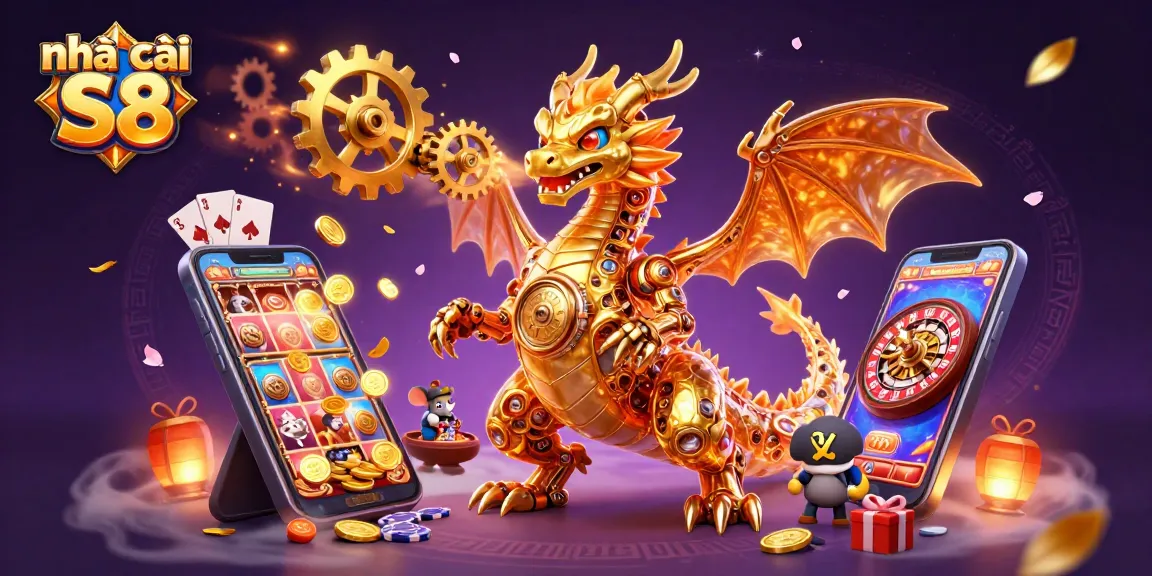 Engage with slot games at nhà cái S8 featuring a golden dragon and vibrant gaming elements.