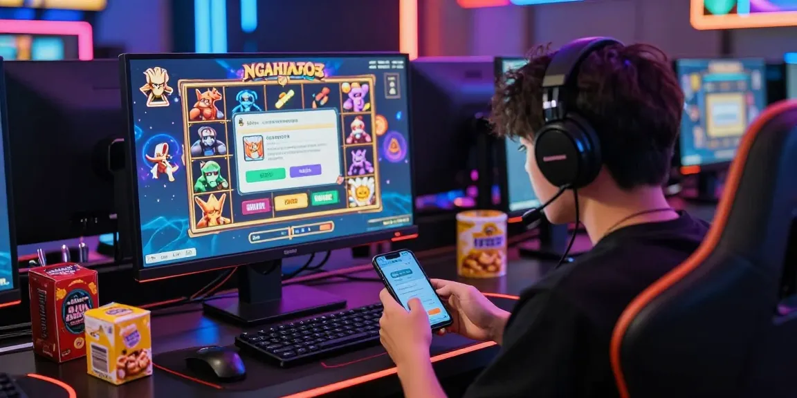 Gamer menggunakan NAGAHITAM303 login di ruang permainan slot online yang cerah dan penuh warna.