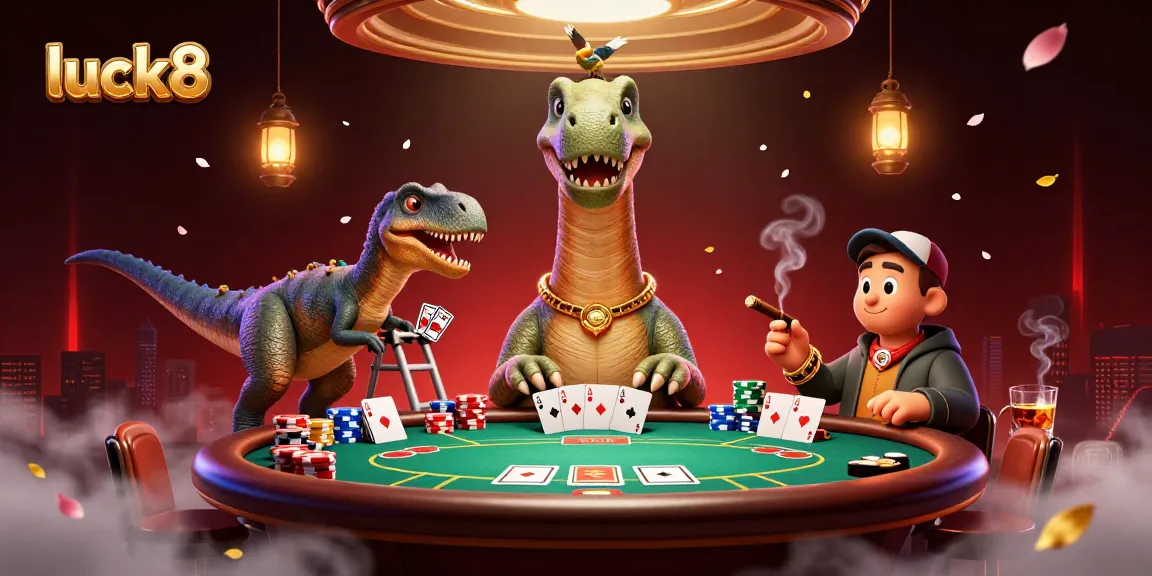 Luck8's engaging casino scene with a giant brontosaurus and clever raptor dealer amidst poker excitement.
