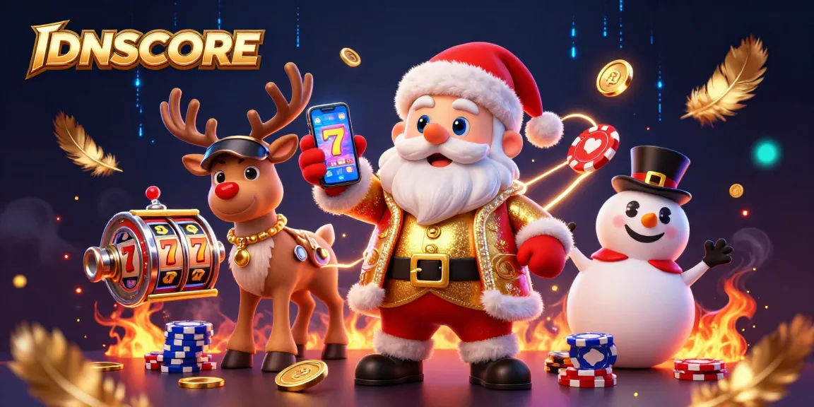 Experience thrilling jackpots with IDNSCORE's festive gambling scene featuring Santa and friends.