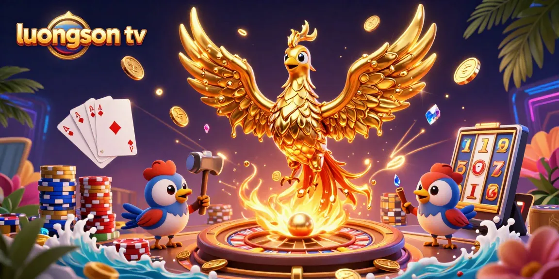 Immerse yourself in the excitement of luongson tv with a vibrant 3D illustration featuring golden treasures and gaming elements.