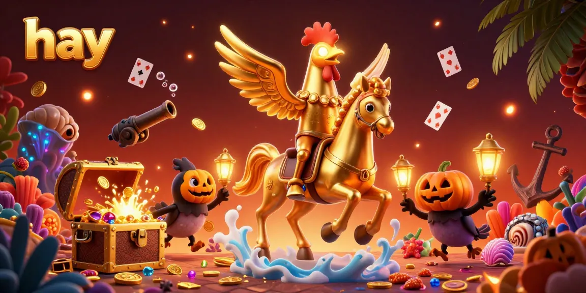Experience the excitement of hay at a vibrant casino featuring a golden rooster and treasure-filled chests.