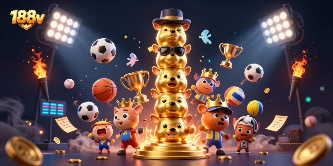 Engaging illustration of a dynamic casino scene featuring the 188v logo with sports elements and animated characters.