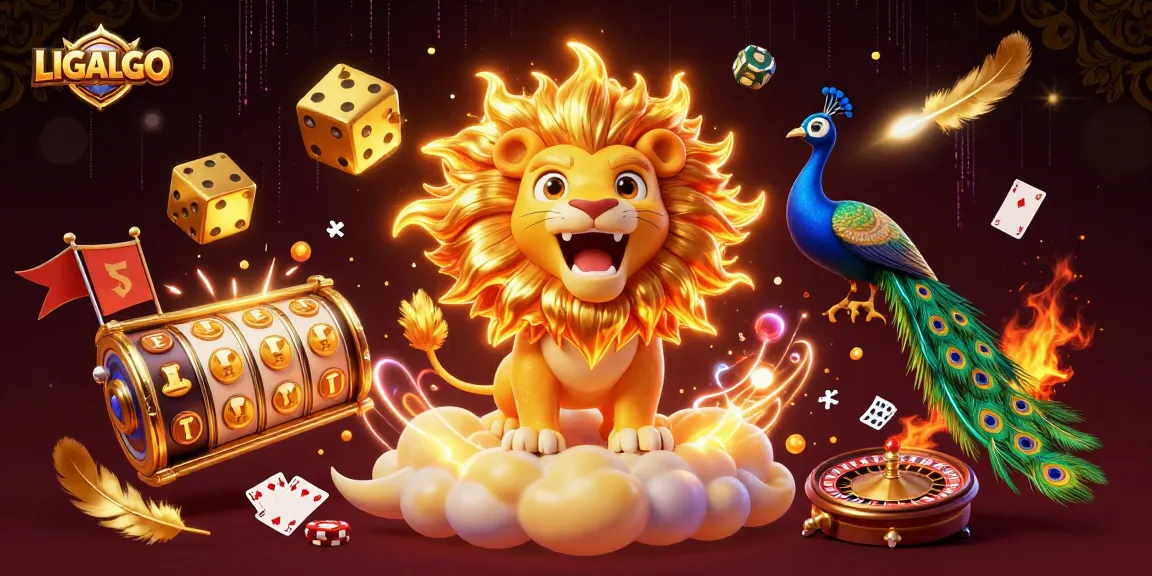 LIGALGO showcases a vibrant 3D casino scene with a roaring sun lion, golden dice, and a lively atmosphere.