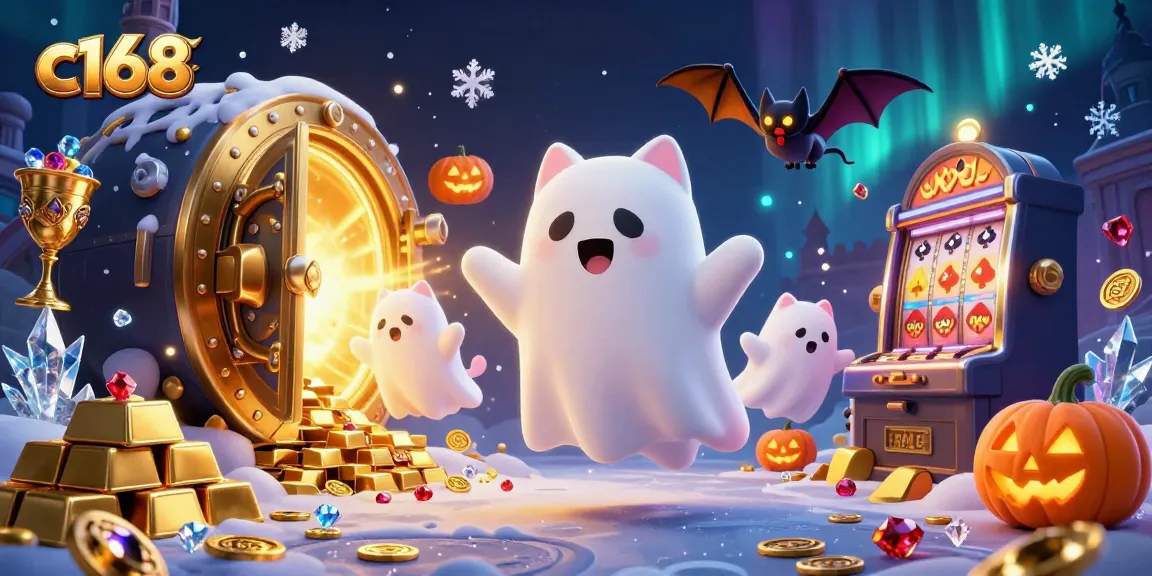 Experience the thrilling atmosphere at c168's haunted casino with a ghost cat and vampire bat amidst glowing jack-o-lanterns.