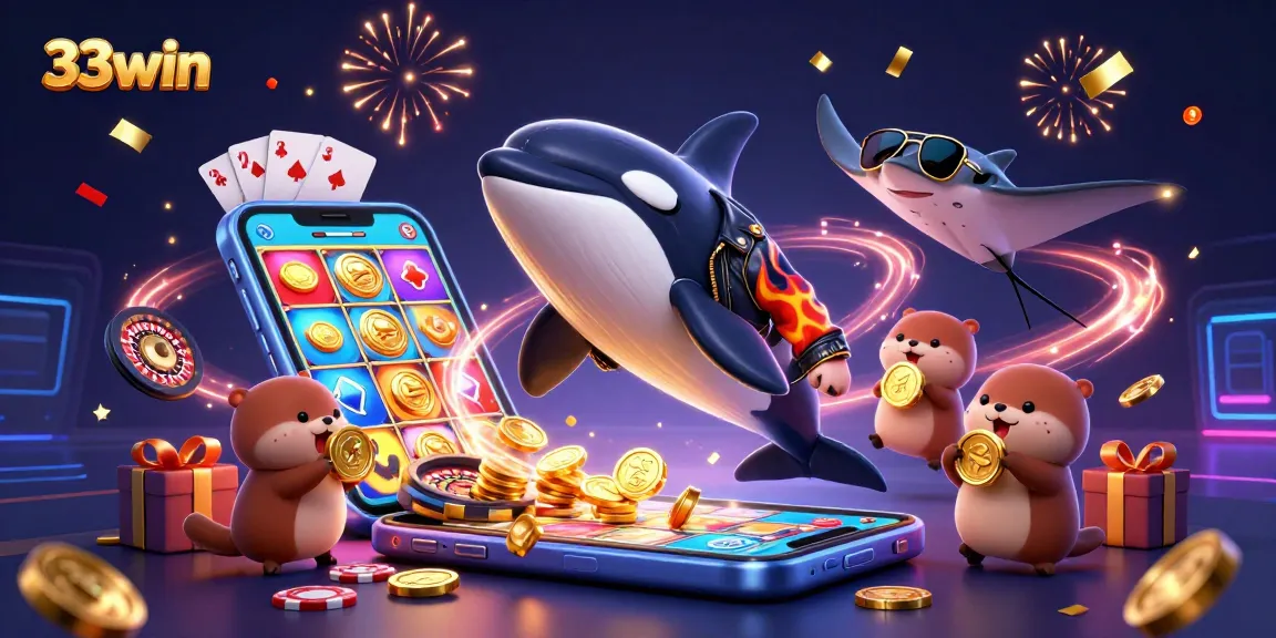 Experience the thrill of winning at 33win with vibrant sea creatures and casino fun in this lively illustration.